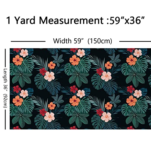 Tropical Floral Upholstery Fabric by The Yard,Exotic Palm Leaves Reupholstery Fabric for Chairs,Hibiscus Flowers Room Fabric for Outdoor and DIY Projects,1 Yard,(L92*W150cm) Dark Green - Image 2
