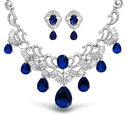 Vintage Estate Jewelry Set Art Deco Style Baguette Aaa Cz Simulated Sapphire Blue Large Dangling Teardrops Bib Statement Bridal Collar Necklace Earrings For Women, Pageant, Wedding #TOP6