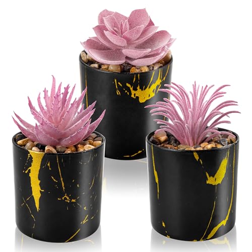 Der Rose 3 Pack Mini Fake Plants in Black Pots for Office Desk Accessorise