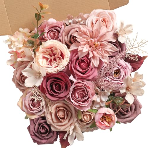 YYHUAWU Mauve Artificial Flowers Combo Set Fake Flower Leaf Box with Stems for DIY Wedding Bouquets Centerpieces Flower Arrangements Decorations Baby Shower Party Home Decorations