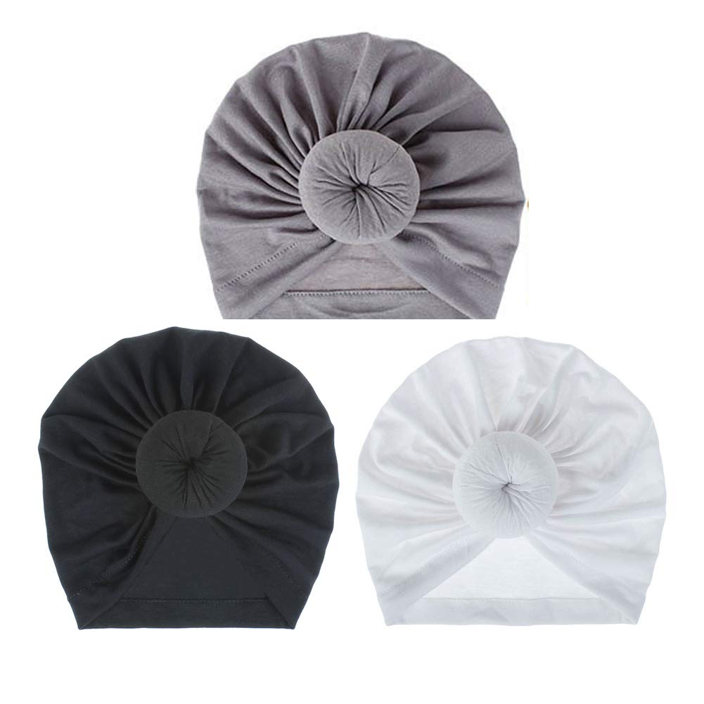 Camelliass Women's Black + White + Grey 3Pcs Newborn Baby Girls Boys Turban Hat Soft Infant Wraps Hat Knot Turban Cap Headbands Bohemian Head Knot Wrap Hat 0-3 Years (Black + White + Grey)
