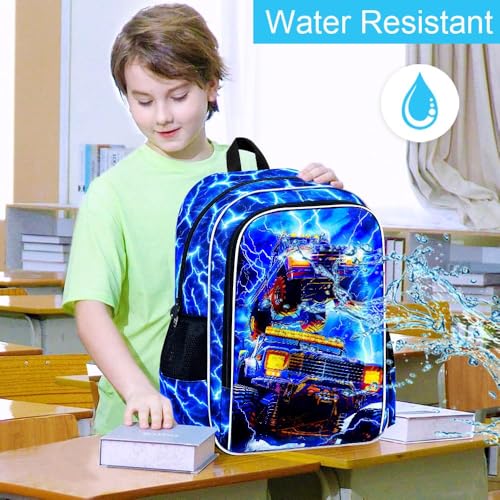 Image of 17 inch Truck Backpack for Boy, 3Pcs Lightning Bookbag for Elementary Preschool Kindergarten, Kids School Thunder Backpacks with Lunch Box (Blue)