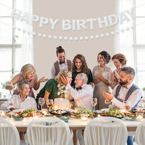 Image of 2 PCS Pre-Strung 3D Felt Happy Birthday Banner - White Theme Birthday Decorations Sign, Pom Pom Garland, Reusable Party Decor, Photo Prop(White)
