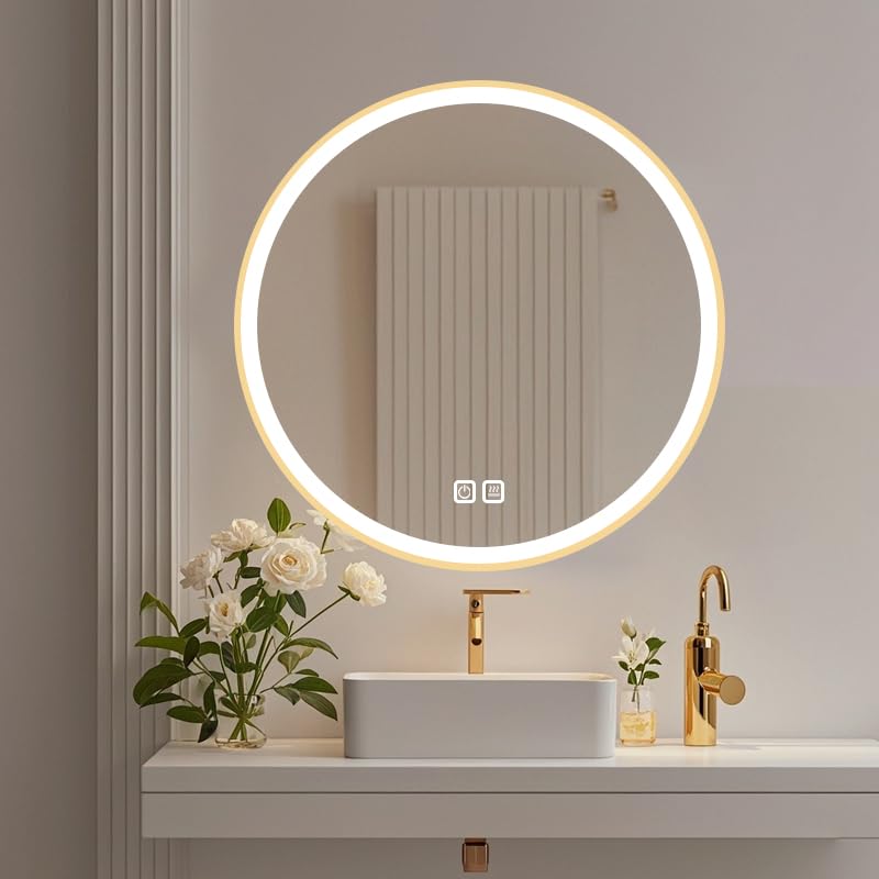 HIGHBATH Round LED Bathroom Mirror, 80cm, Smart Touch Control with 3 Color Temperatures, Dimmable, Anti-Fog, Waterproof,Tempered Glass
