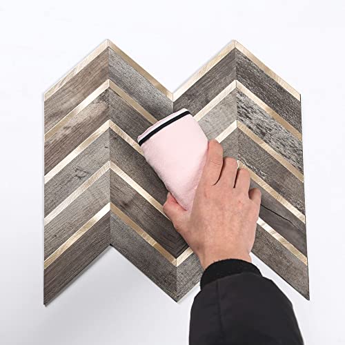 Kasaro 10-Piece Peel And Stick Backsplash, Herringbone Pattern Decorative Self-Adhesive Wall Tile For Kitchen And Bedroom, Wood+Metal Gold #TOP7