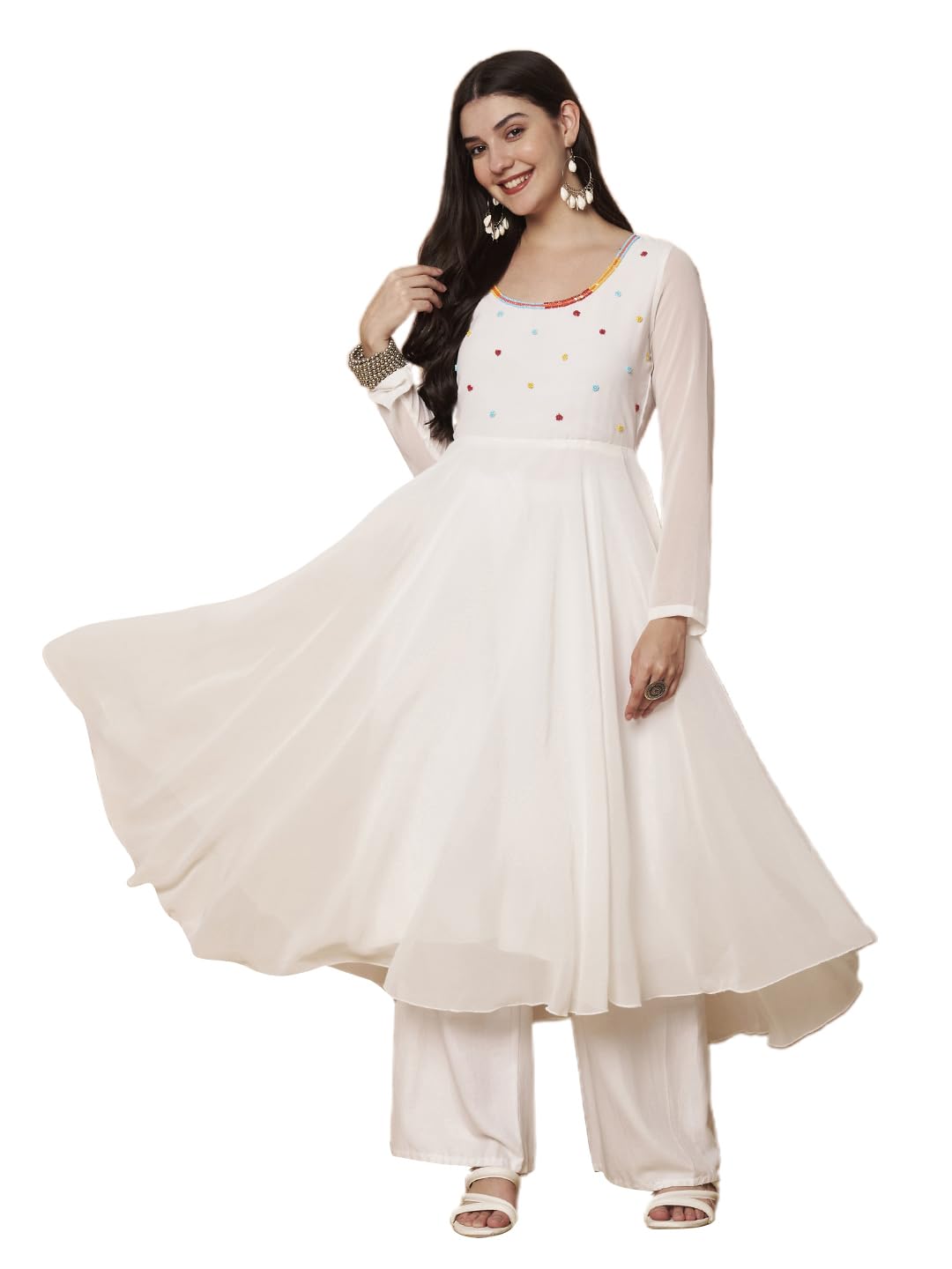 ph poshakhub Women Georgette Hand Embroidery Round Neck and Front Yoke Anarkali Kurta - Round Neck Kurta-picture-44