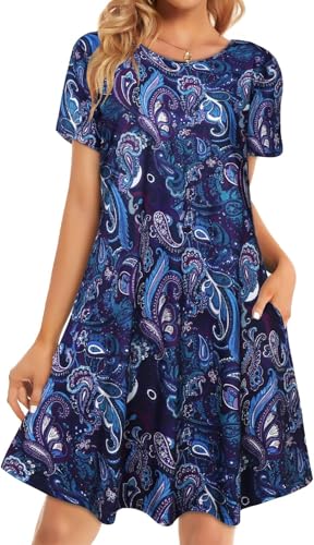 Image of Womens Summer Dresses Beach Casual Loose Tshirt Floral Short Sleeve Flowy Pockets Sundresses 2026