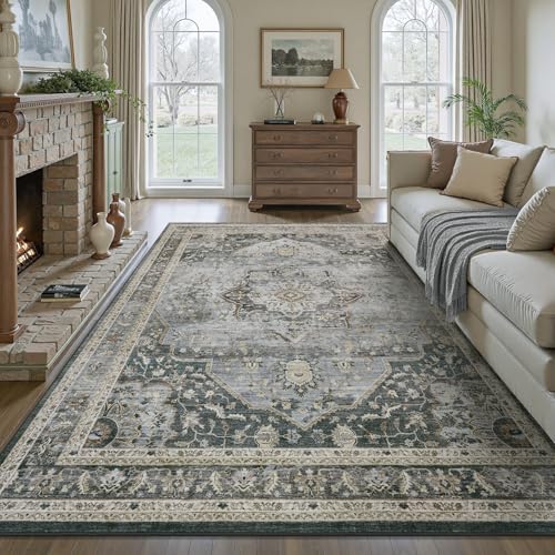 Grey Washable 8x10 Area Rugs for Living Room Rug Bedroom Rug Carpet Neutral Vintage Dining Room Rugs for Under Table Soft Comfortable Non Slip