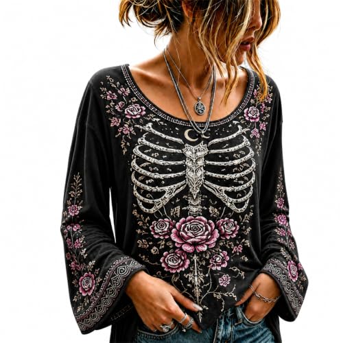 Womens Halloween Shirts Vintage Skeleton Bell Sleeve Crew Neck Top - image 1