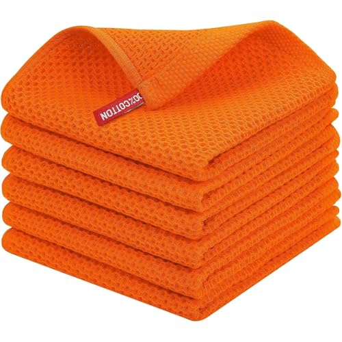 Image of Kitchen Cotton Lint Free Waffle Weave Hand Towels, Quick Drying Dish Cloths, Highly Absorbent Dish Rags Tea Towels Set with Hanging Loop, 13.4 inchx 13.4 inch, Orange, Pack of 6