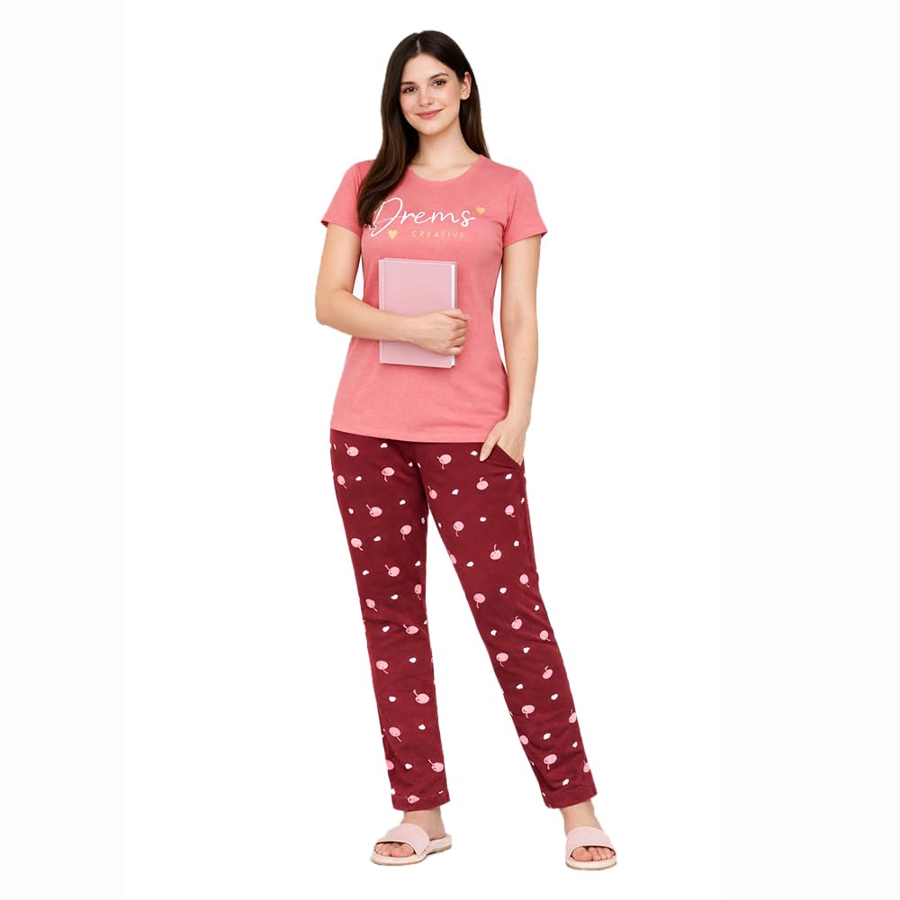 comfort lady Women’s Cotton Night Suit | Round Neck Printed T-Shirt with Pyjama | Relaxed Fit Sleepwear & Loungewear - NSTP1009-picture-41