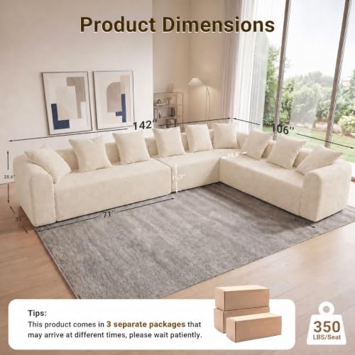 Image of Claiks 142 inch Cloud Boneless Couch, L-Shape Right Chaise, Beige