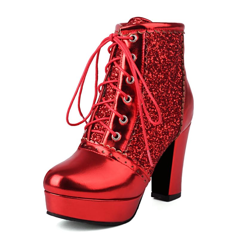 KOKOMOMO Sparkly Platform Ankle Boots Short Sequin Glitter Combat Boots Chunky Heeled Lace Up Booties