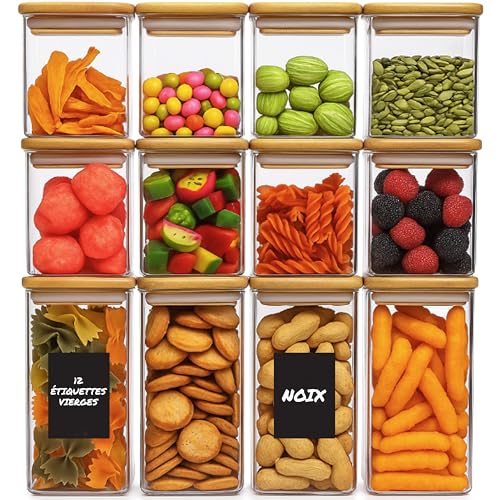 Deco haus® Bocaux de Conservation 12 pcs avec Couvercles + Étiquettes [HERMÉTIQUES] - Pour Céréales, Cornflakes, Spaghetti - Boîtes en Verre - Boîte...