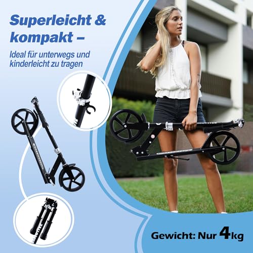 Welmotive Tretroller für Kinder & Erwachsene – Klappbarer Cityroller mit höhenverstellbarem Lenker – Scooter mit Ständer – Keine Montage nötig – Leicht bis 100 kg Schwarz