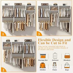 Unikito 36 96 Closet System 8FT Walk in Closet Organizer Starter Kit with 5 Hanging Rod and 3 Shelves Heavy Duty Reversible Wood Clothing Rack Cut Be Cut to Fit Max Load 1200 LBS White