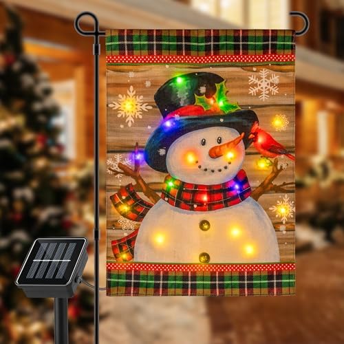 Lighted Winter Garden Flag, 12x18 in LED Snowman Flag for Outside, Vertical Double Sided Outdoor Seasonal Home Yard Lawn Decoration