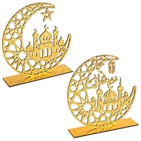 Hinsly 2 Pieces Wood Ramadan Decorations Islamic Eid Mubarak Kareem Table Sign Moon Hollow Star Ornament for Muslim Party Tabletop Decor Home Art Craft Decoration Golden Moon
