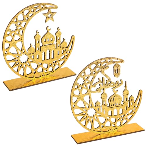 Hinsly 2 Pieces Wood Ramadan Decorations Islamic Eid Mubarak Kareem Table Sign Moon Hollow Star Ornament for Muslim Party Tabletop Decor Home Art Craft Decoration Golden Moon
