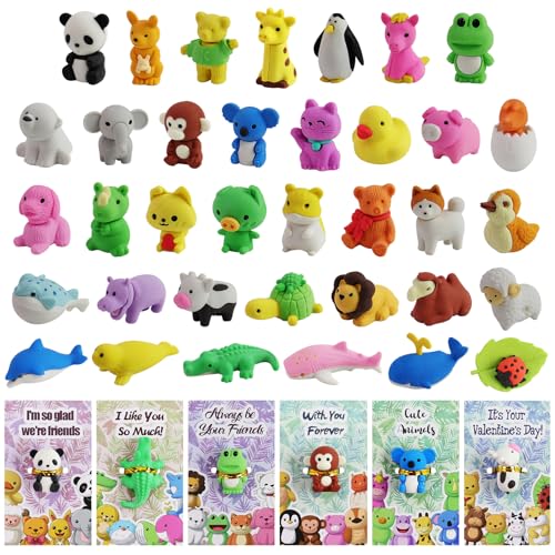 36 Pack Valentines Cards for Kids Classroom, Valentines Erasers for Kids Class Valentine's Greeting Cards with Assembly Cartoon Animal Erasers Toys, Classroom Exchange Gift for Kids Girls and Boys