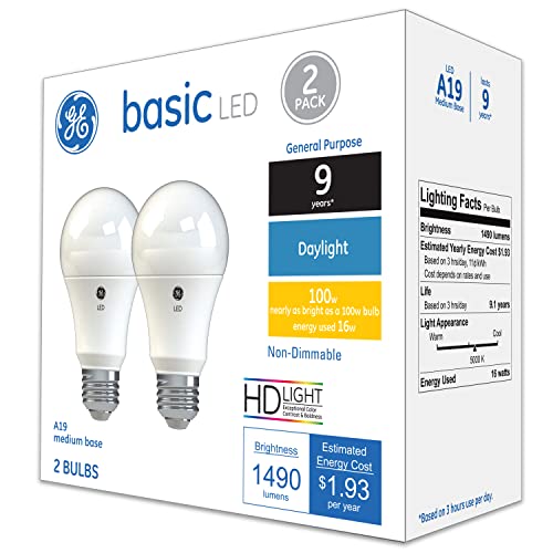 GE Basic A19 LED Light Bulbs 100W Daylight 1600 Lumen 2 Pack