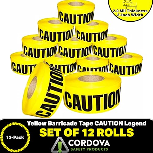 Cordova T20101 Bulk Pack 2.0-MIL Yellow Caution Barricade Tape, 3 in. x 1000 ft. Roll, 12-Pack