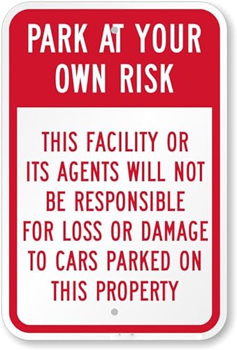 Property Vehicle Parking Liability Exemption Sign, Venue Side Parking Risk Notice Metal Plate For Business District, 8x12 Inch