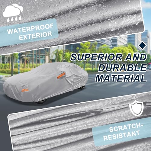 Image of Silver Tone Heavy Duty Waterproof Car Cover for Sedan 201 inch-207 inch - All-Weather UV Protected Outdoor Full Exterior Cover with Sun /Snow /Rain Resistance