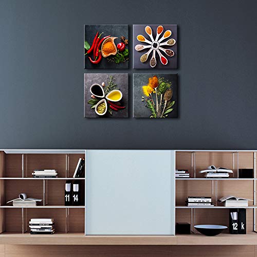 Pyradecor 4 Pieces Colorful Spices And Spoon Vintage Canvas Prints Still Life Paintings Pictures Canvas Wall Art For Living Rome Home Kitchen Decorations #TOP1