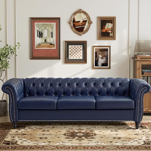Image of LEVNARY Chesterfield Sofa, 3 Seater Tufted Couch for Living Room, Classic Button Tufted Upholstered Sofa, Modern Mid-Century PU Leather Sofa (Blue)