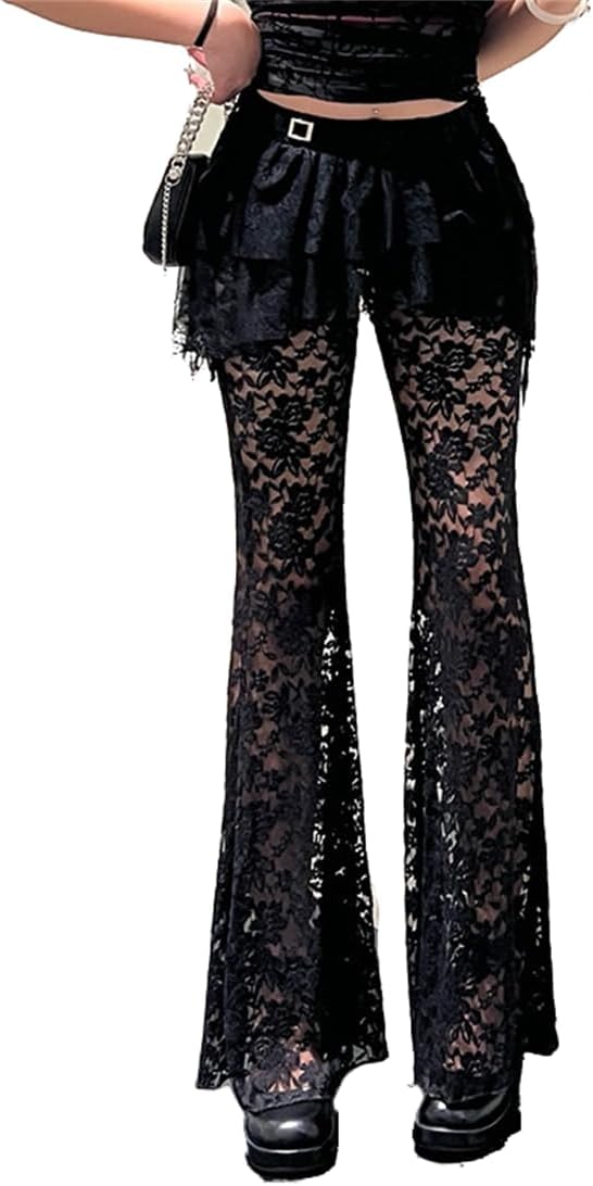 Gothic Bell Bottom Leggings for Women Y2K Wide Leg Grunge High Waisted Casual Flared Pants