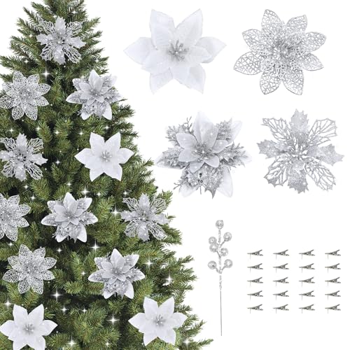 ZIJIN 36 Pcs Poinsettia Flowers Artificial with Clips and Berry Stems Christmas Flowers Glitter Ornaments for Christmas Tree Wreath Fireplace Stairs Decorations (Silver)