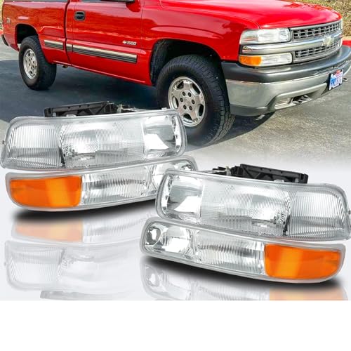 Headlights Assembly Fit For 99-02 Chevy Silverado 00-06 Suburban Tahoe Halogen Headlight Headlamp Chrome Housing Amber Corner Driver and Passenger Side