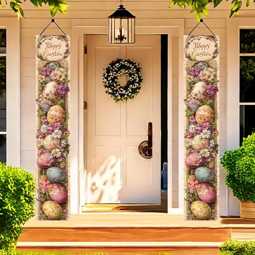 Image of Vintage Happy Easter Banner Pink Floral Eggs Easter Door Decor Porch Sign Easter Decorations for Home Outside 11.81 x 70.87 Inch