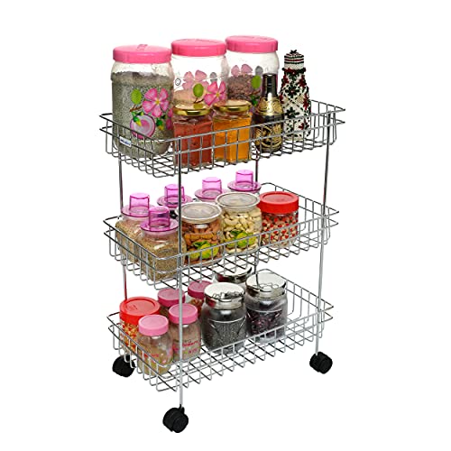 Image of Stainless Steel 3-Tier Kitchen Trolley with Wheels | Multipurpose Storage Rack Organiser | Vegetable Stand for Kitchen | Onion, Potato & Fruit Basket Cart