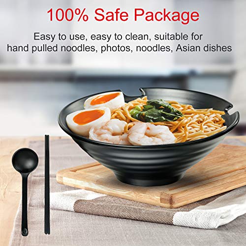 Set Of 4 Ramen Bowl Set, 37 Oz Melamine Large Japanese Style Noodle Soup Bowls Set With Spoons And Chopsticks For Ramen, Pho, Noodles, Asian Dishes Black #TOP4