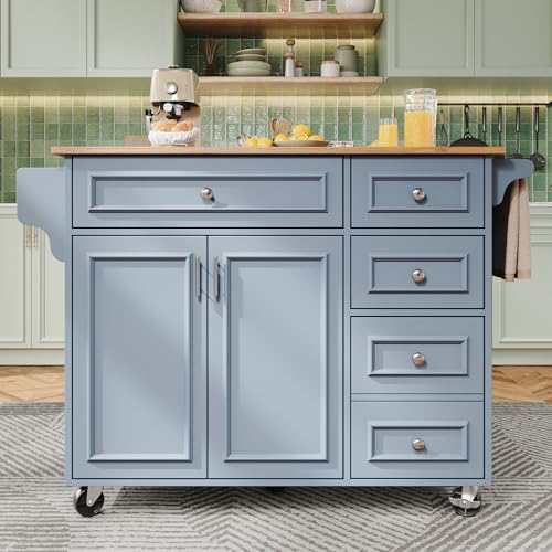 Îlot de Cuisine 110x45-75x92 cm Motif Vintage Chariot de Service Amovible Table à Manger avec Espace de Rangement Buffet avec tiroirs Portes Cuisine Commode...