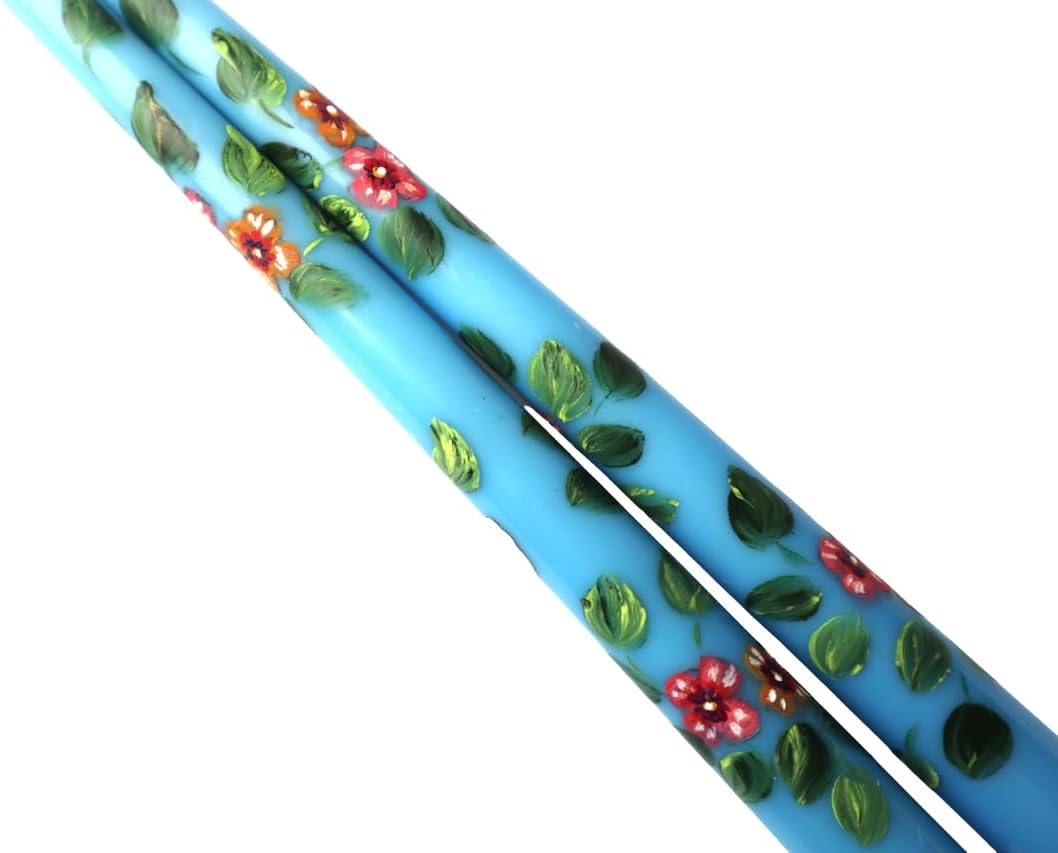 Unscented Decorative Artist Hand Painted Pink Pansies Turquoise Blue Taper Candles Floral Spring Summer Home Dining Room Decor