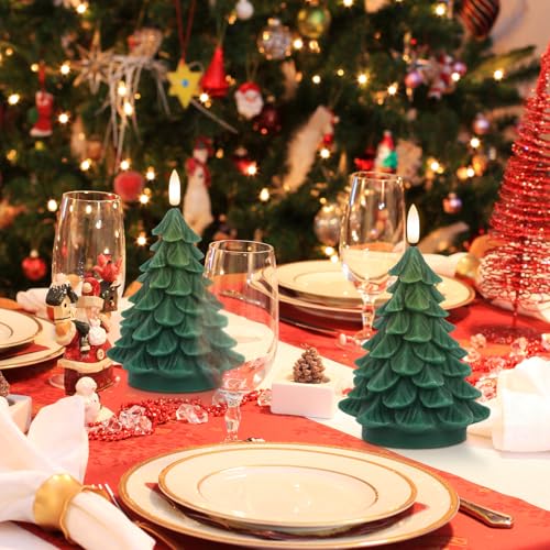Image of Eldnacele Christmas Tree Flameless Candle with 6 Hour Timer, Battery Operated Real Wax 3D Wick Flickering Pillar Green LED Candles Xmas Eve Holiday Decor (2Pcs,2.76 inchx5.9 inch)