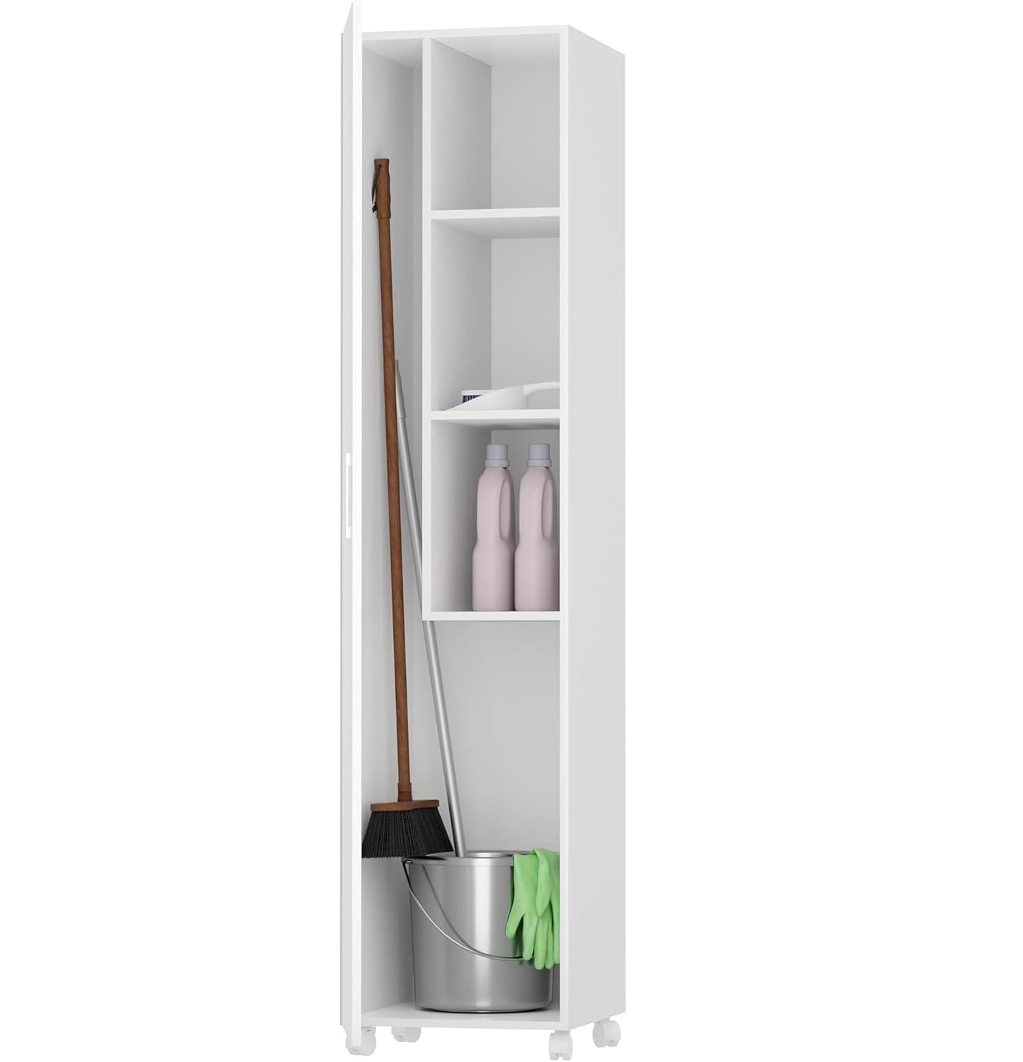 Vep Home Armario Escobero Multiusos con Ruedas – 1 Puerta Reversible, Estantes y Espacio para Escoba y Fregona – Blanco, 183x42x41 cm – Mueble Auxiliar para Lavadero, Trastero o Cuarto de Limpieza