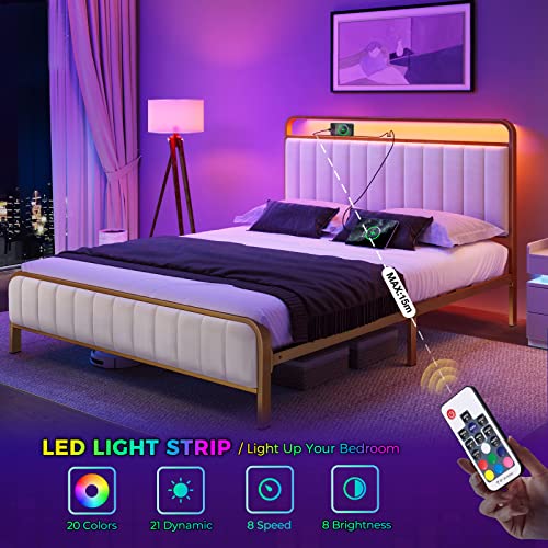 Rolanstar BF007-OW-F-RR-FBM-US-RG Full Size Bed Frame With Led Light And Charging Station, Upholstered Headboard And Footboard, Metal Slat, Noise Free, Easy Assembly, Golden thumb #2