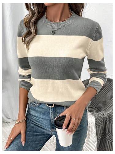 Verdusa Women's Colorblock Striped Sweater Crew Neck Pullover Knit Tops Daily Fall Clothes3
