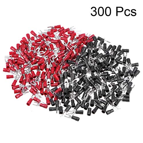Uxcell 300Pcs Sv1.25-3.2 Insulated Fork Spade U-Type Wire Connector Electrical Crimp Terminal 22-16Awg Red/Black #TOP1