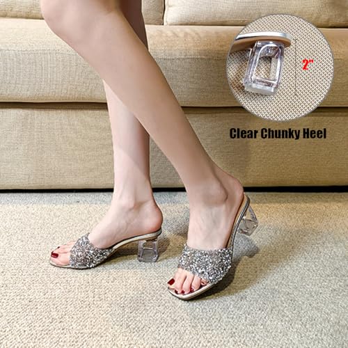 Women's Glitter Crystal Wide Strap Chunky Heel Mule Slippers Square Open Toe Clear Block Mid Heel Sexy Rhinestones Slip On Dress Slides Sandals For Party Prom4