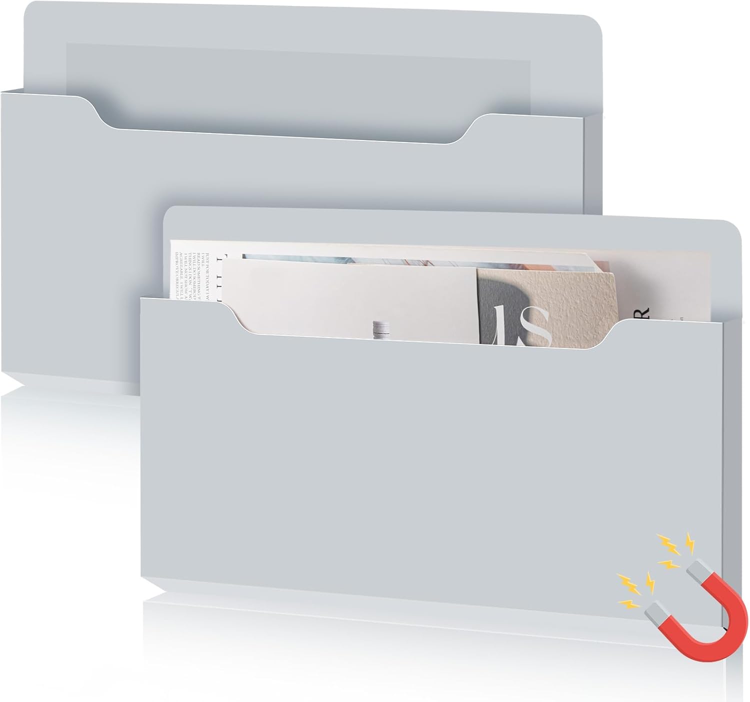 Feifeiya 2 Pcs Magnetic File Folder Wall Hanging Holder Large Pocket Paper Magazine Mail Organizer for Refrigerator Classroom Locker Whiteboard(Horizontal,Grey,13.8 x 8.3 Inches)