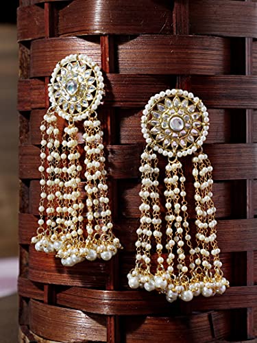 Image of Karatcart Gold Plated Pink Meena Lotus Design Kundan Dangler Earrings for Women (color may slightly vary due to photographic effect)