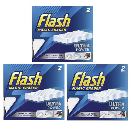 6 x Flash Magic Eraser Ultra Power -No Chemicals Needed - Removes Scuffs Crayon Grease and Grimes (Pack of 3)
