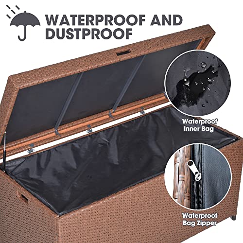 Sunvivi Outdoor Wicker Storage Box With Waterproof Inner 140 Gallon Large Patio Storage Bin, Deck Boxes For Cushions, Garden Tools, Pool Toys, Aluminum Frame, Brown #TOP1