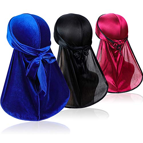 3 Pcs Wave Durags (Velvet Durag and 2 Pcs Soft Durags ) – Premium Soft Headwraps with Extra Long Tail Perfect for 360 Waves