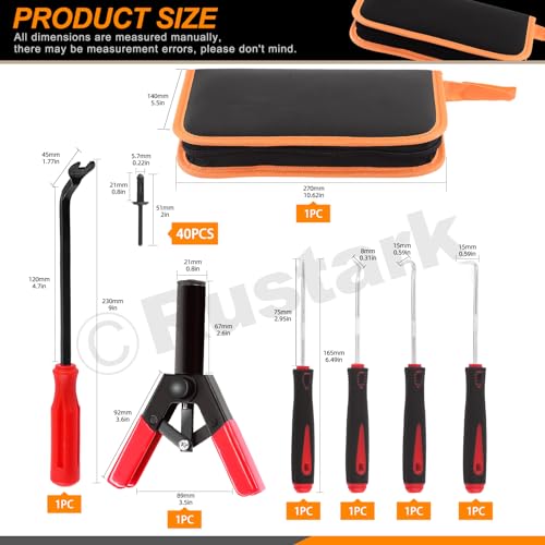 Rustark 47Pcs Upgraded Poly Rivet Gun Automotive Kit with 40Pcs Nylon Blind Rivets, 4Pcs Precision Hook Tools, 1Pcs Fastener Removal Tool and Storage Bag, Plastic Hand Riveter for Automotive